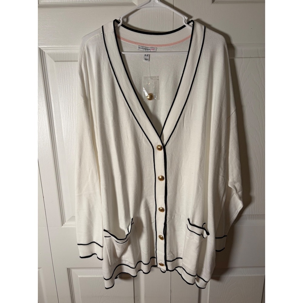 Isaac Mizrahi Live Womens White Black Tipped Cardigan Gold Crest Buttons 3X